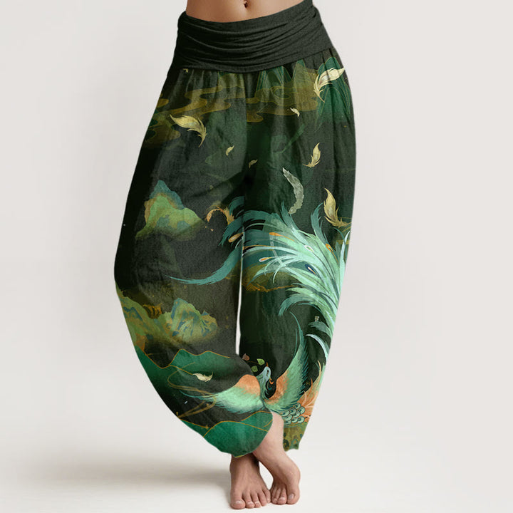 Pantaloni harem da donna con elastico in vita, motivo Buddha Stones Cotton Phoenix Mountain Cloud - Verde oliva - US22, UK/AU26, EU54 (6XL) - image 4