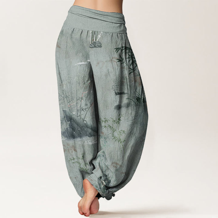 Pantaloni harem da donna con elastico in vita, in puro cotone, casual, con Buddha Stones di bambù e pittura a inchiostro - image 10