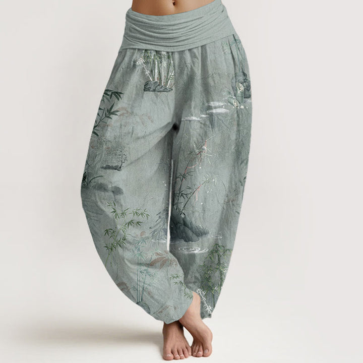 Pantaloni harem da donna con elastico in vita, in puro cotone, casual, con Buddha Stones di bambù e pittura a inchiostro - Verde Mare Scuro - US22, UK/AU26, EU54 (6XL) - image 9