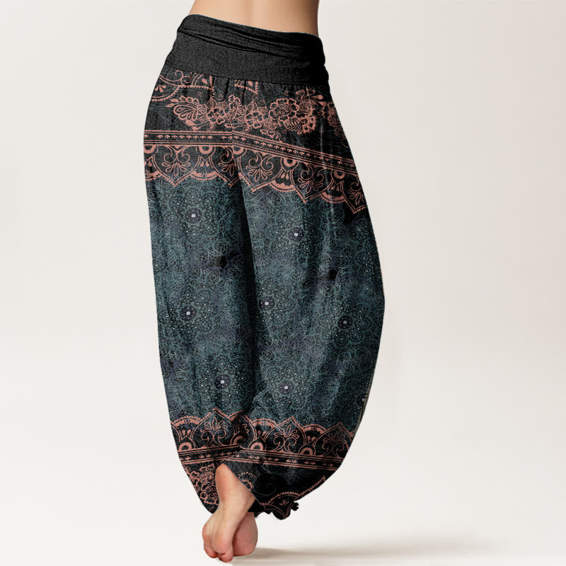 Pantaloni harem da donna con elastico in vita, in puro cotone, con eleganti fiori mandala e pietre Buddha Stones - image 1