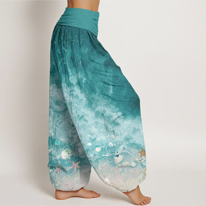 Pantaloni harem da donna con elastico in vita, in puro cotone con motivo "Vast Ocean" Buddha Stones - image 2