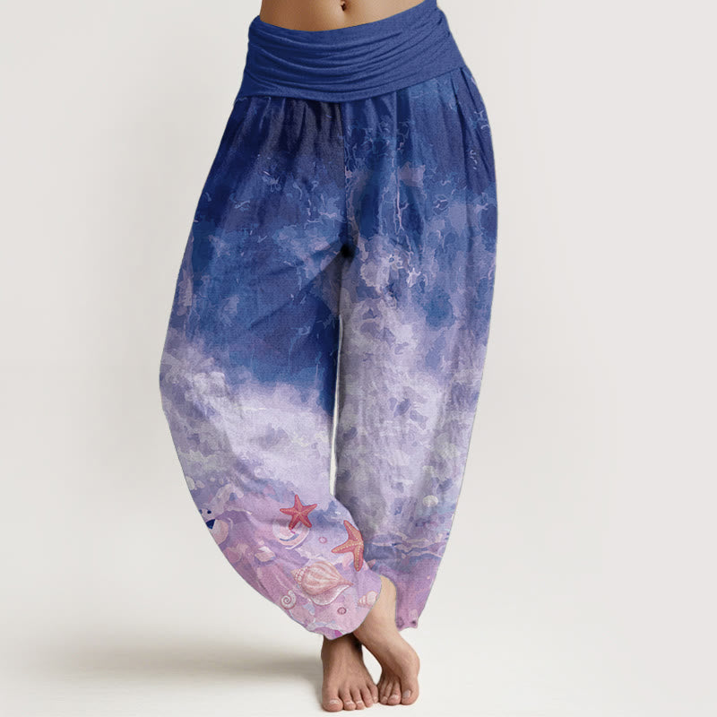 Pantaloni harem da donna con elastico in vita, in puro cotone con motivo "Vast Ocean" Buddha Stones - Viola scuro - US22, UK/AU26, EU54 (6XL) - image 9