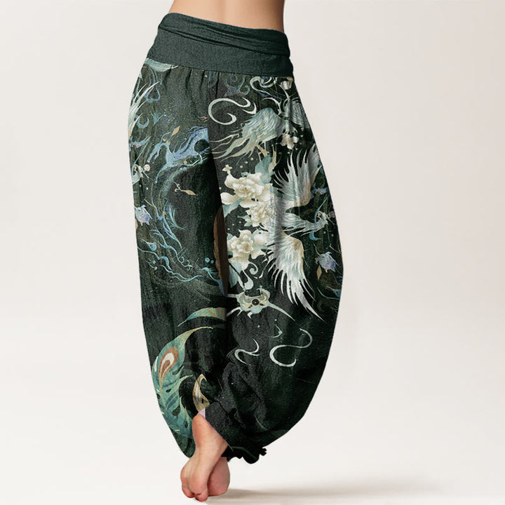 Pantaloni harem da donna in puro cotone con motivo a fiori di fenice, con elastico in vita, Buddha Stones - image 6