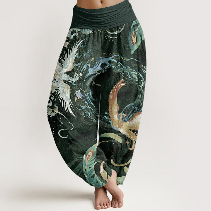 Pantaloni harem da donna in puro cotone con motivo a fiori di fenice, con elastico in vita, Buddha Stones - Verde scuro - US22, UK/AU26, EU54 (6XL) - image 5