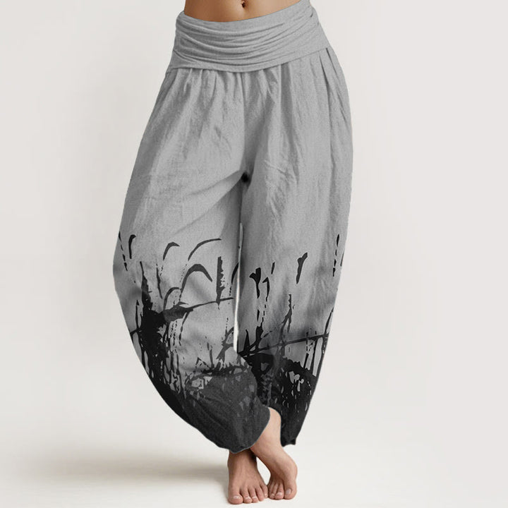 Pantaloni harem da donna con elastico in vita, in puro cotone con motivo erba selvatica, motivo Buddha Stones - Grigio - US22, UK/AU26, EU54 (6XL) - image 0