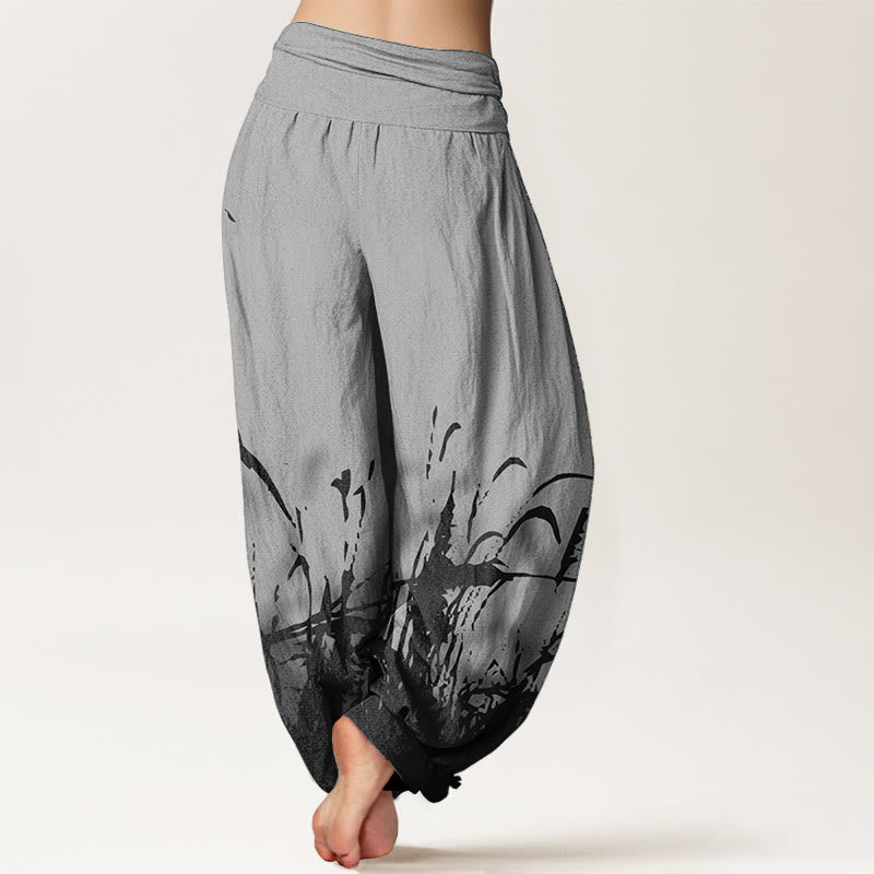 Pantaloni harem da donna con elastico in vita, in puro cotone con motivo erba selvatica, motivo Buddha Stones - image 1