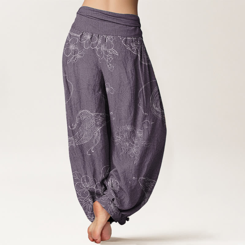Pantaloni harem da donna con elastico in vita, in puro cotone, con motivo floreale a pesci koi, motivo Buddha Stones - image 6