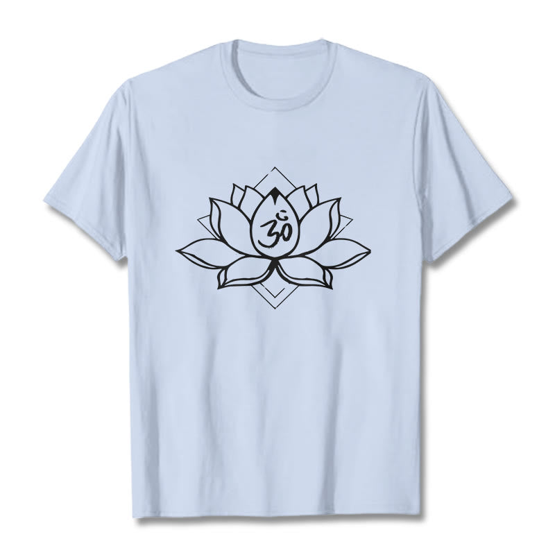 Maglietta in cotone con motivo sanscrito "Om" Buddha Stones, Lotus in fiore - Ciano chiaro - 2XL - image 18