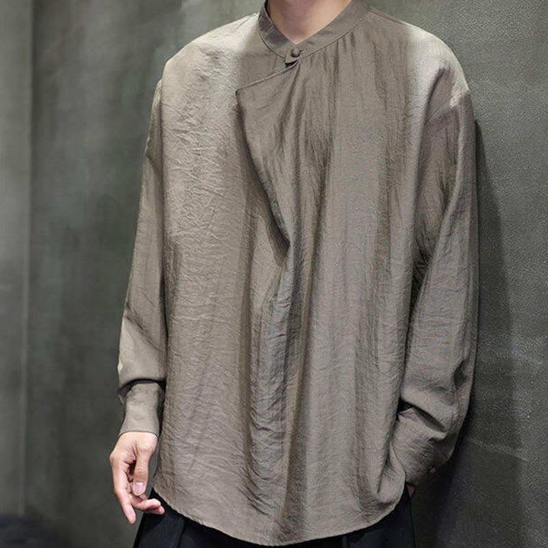 Camicia da uomo in lino a maniche lunghe con colletto rialzato e plissettato, tinta unita, modello Buddha Stones - image 2
