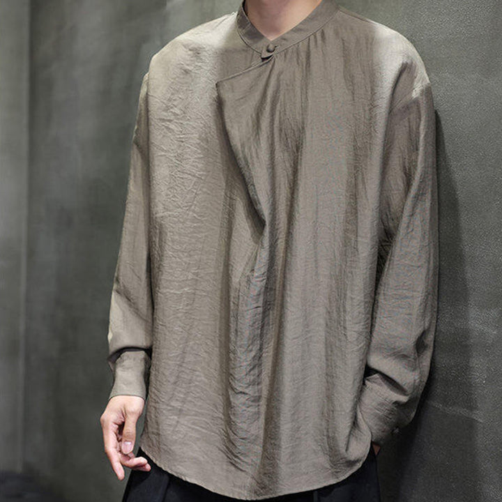 Camicia da uomo in lino a maniche lunghe con colletto rialzato e plissettato, tinta unita, modello Buddha Stones - image 2