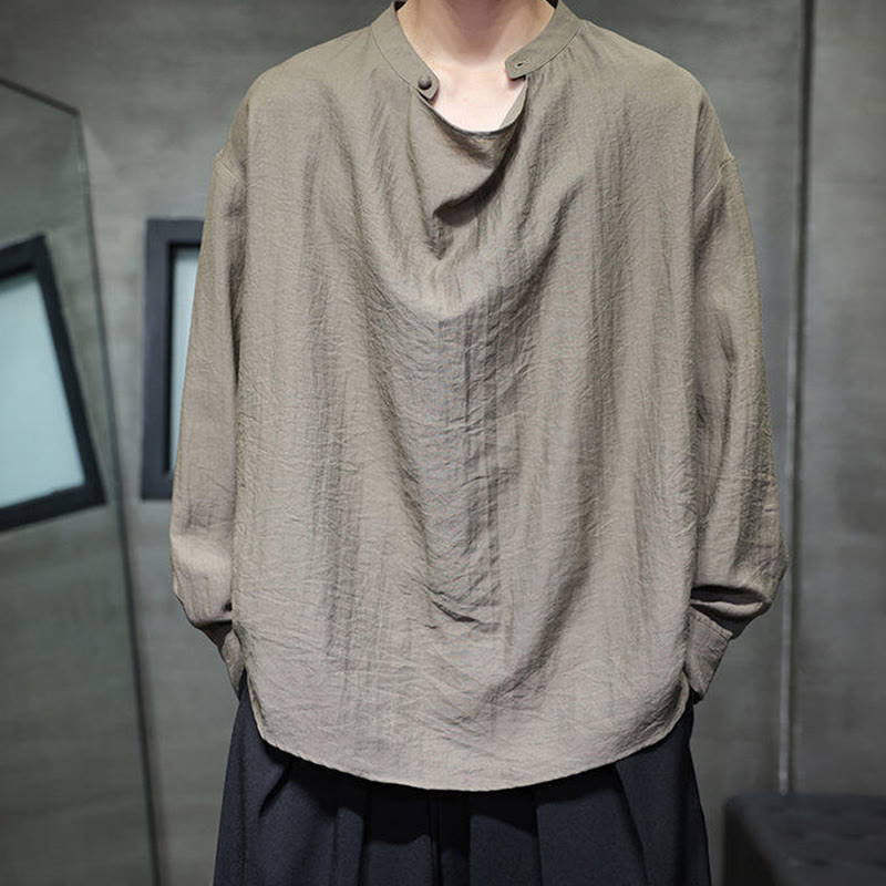 Camicia da uomo in lino a maniche lunghe con colletto rialzato e plissettato, tinta unita, modello Buddha Stones - DarkKhaki - US/UK/AU46, EU56 (5XL) - image 0