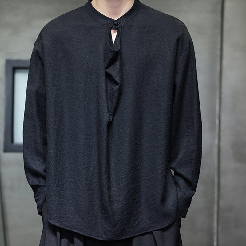Camicia da uomo in lino a maniche lunghe con colletto rialzato e plissettato, tinta unita, modello Buddha Stones - image 11