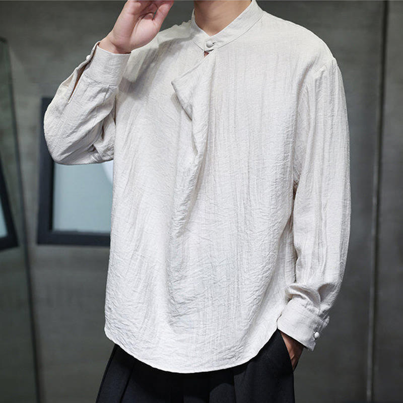 Camicia da uomo in lino a maniche lunghe con colletto rialzato e plissettato, tinta unita, modello Buddha Stones - image 18