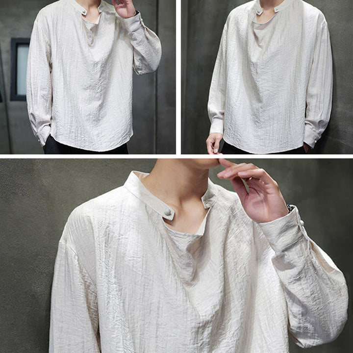 Camicia da uomo in lino a maniche lunghe con colletto rialzato e plissettato, tinta unita, modello Buddha Stones - image 25