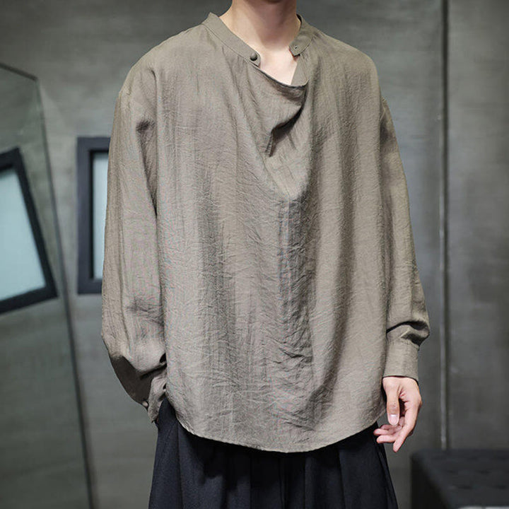 Camicia da uomo in lino a maniche lunghe con colletto rialzato e plissettato, tinta unita, modello Buddha Stones - image 4