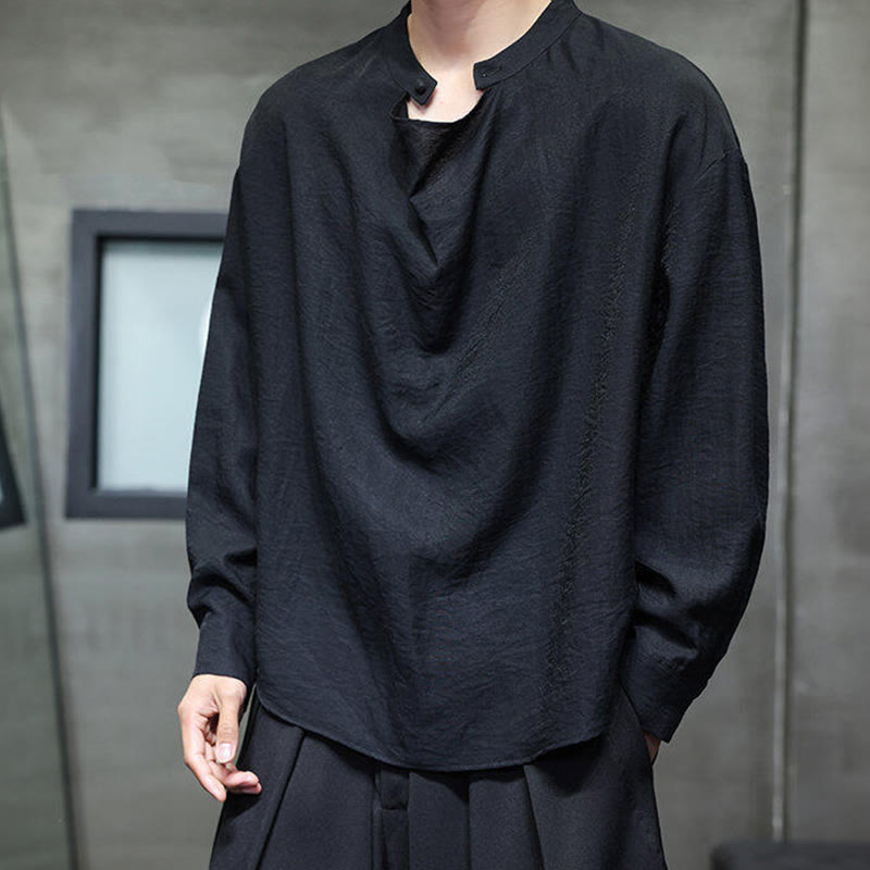 Camicia da uomo in lino a maniche lunghe con colletto rialzato e plissettato, tinta unita, modello Buddha Stones - Nero - US/UK/AU46, EU56 (5XL) - image 8
