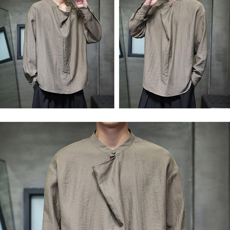 Camicia da uomo in lino a maniche lunghe con colletto rialzato e plissettato, tinta unita, modello Buddha Stones - image 7