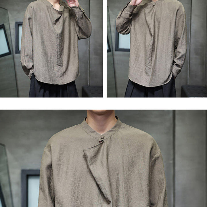 Camicia da uomo in lino a maniche lunghe con colletto rialzato e plissettato, tinta unita, modello Buddha Stones - image 7
