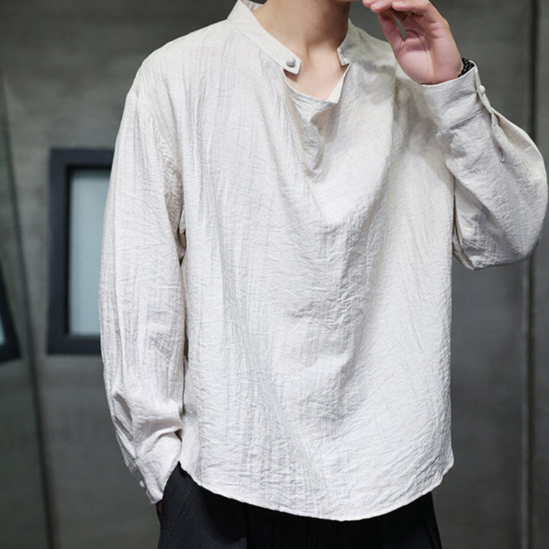 Camicia da uomo in lino a maniche lunghe con colletto rialzato e plissettato, tinta unita, modello Buddha Stones - image 22