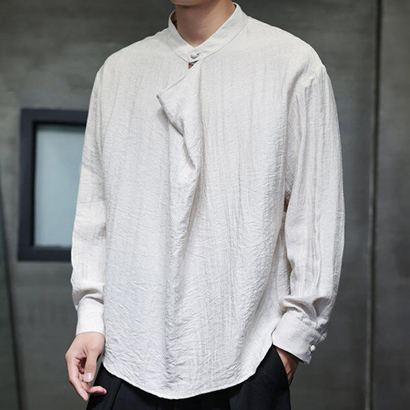 Camicia da uomo in lino a maniche lunghe con colletto rialzato e plissettato, tinta unita, modello Buddha Stones - FlorealeBianco - US/UK/AU46, EU56 (5XL) - image 17