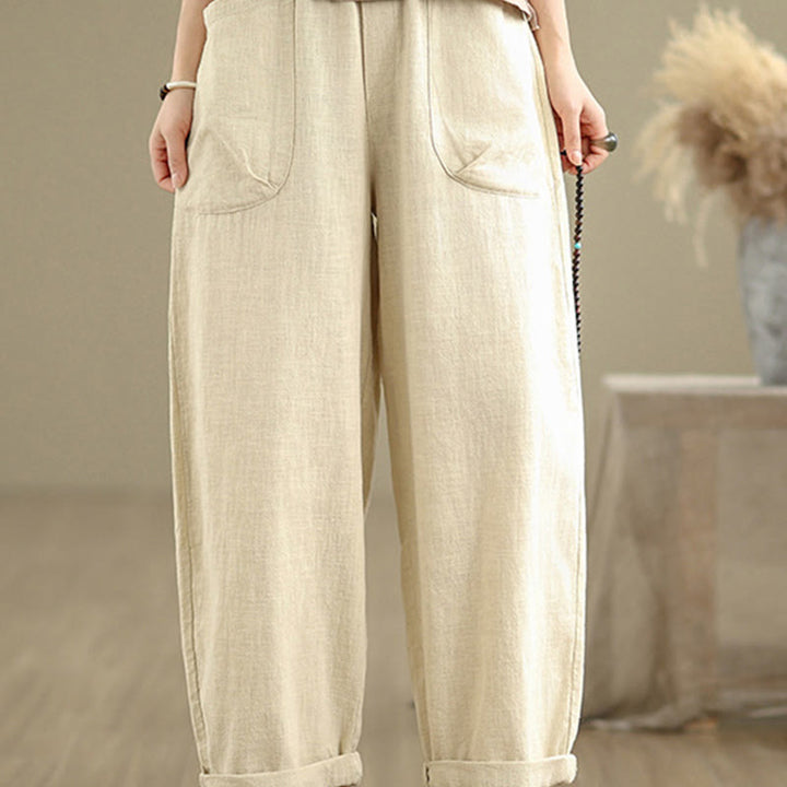 Pantaloni harem da donna in cotone e lino con tasche, casual, semplici e quotidiani, modello Buddha Stones - image 3