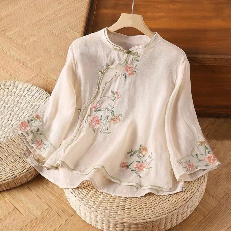 Buddha Stones da donna in cotone e lino con scollo a giro, casual, vintage, con ricamo a fiori, motivo cinese a rana e bottoni - MistyRose - US12, UK/AU16, EU44 (3XL) - image 0