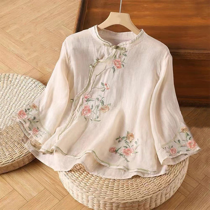 Buddha Stones da donna in cotone e lino con scollo a giro, casual, vintage, con ricamo a fiori, motivo cinese a rana e bottoni - MistyRose - US12, UK/AU16, EU44 (3XL) - image 0