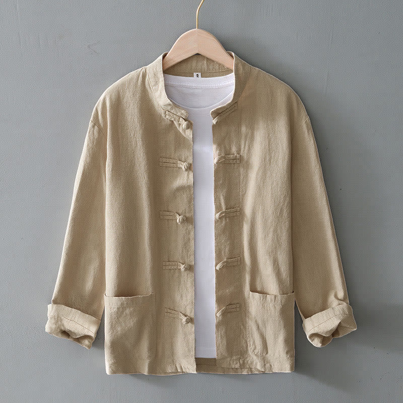 Abito cinese Tang con bottoni a forma di rana e motivo Buddha Stones, camicia da uomo in cotone e lino con tasche. - Beige - US/UK/AU50, EU60 (5XL) - image 22