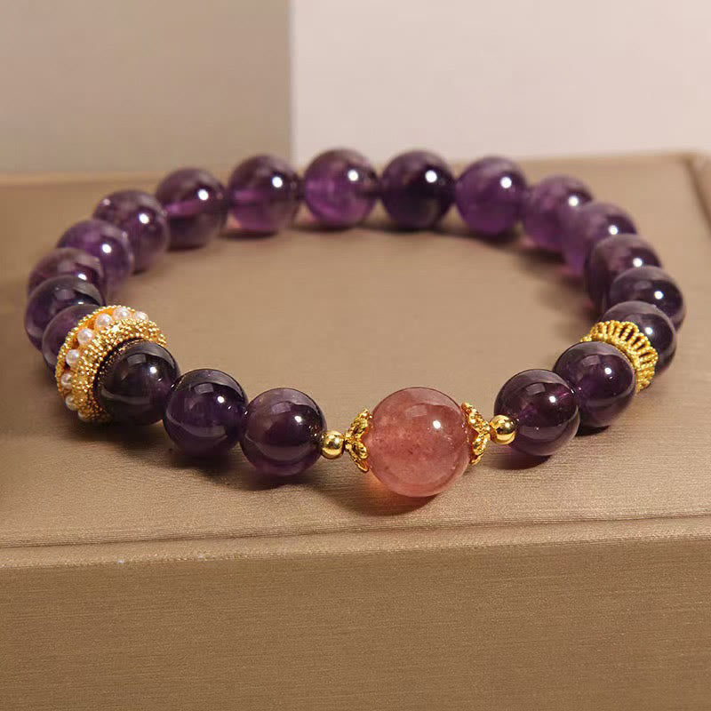 Bracciale della pace con perle di quarzo fragola fortunato, ametista naturale di Buddha Stones