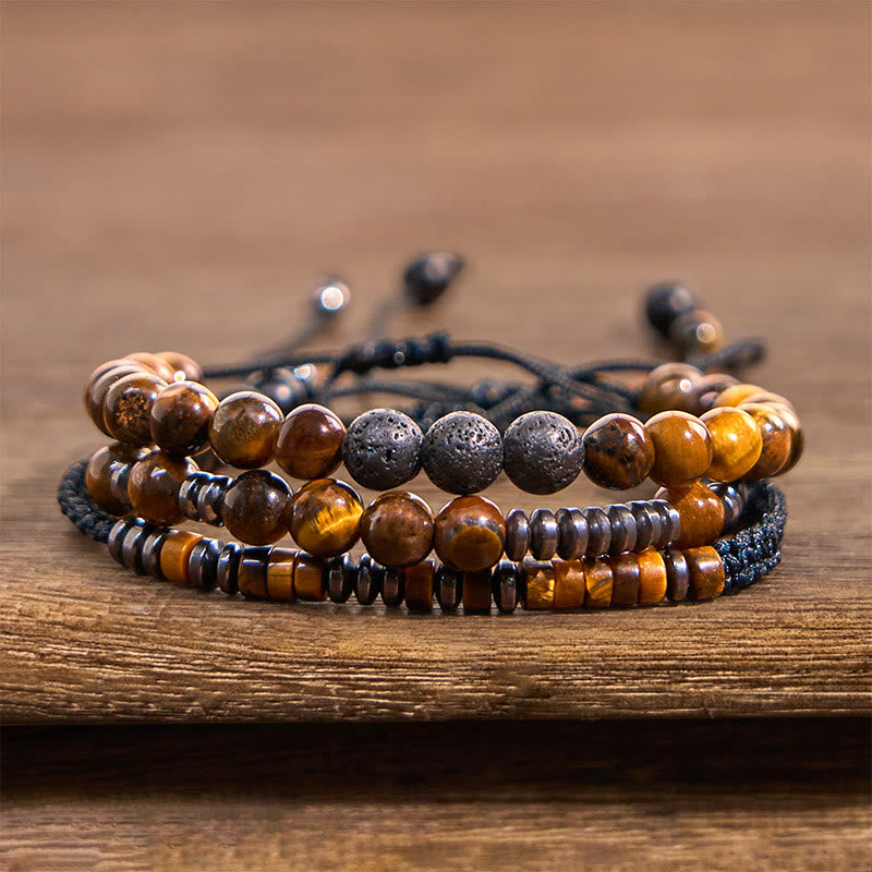Set di 3 bracciali protettivi in ​​pietra lavica con occhio di tigre Buddha Stones - Set di 3 pezzi in occhio di tigre (circonferenza del polso: 15-26 cm) - image 0