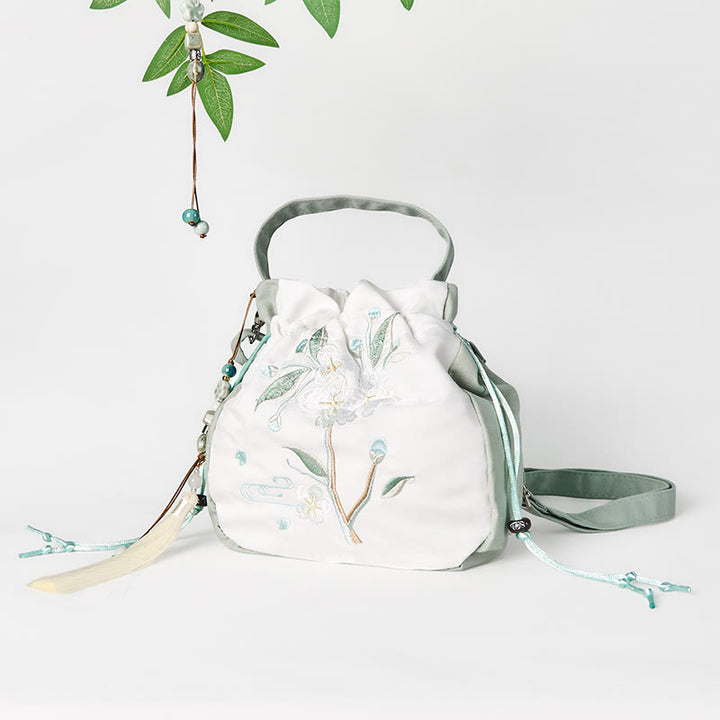 Borsa a tracolla in tela con ricamo Buddha Stones, motivo: fiore di pero verde