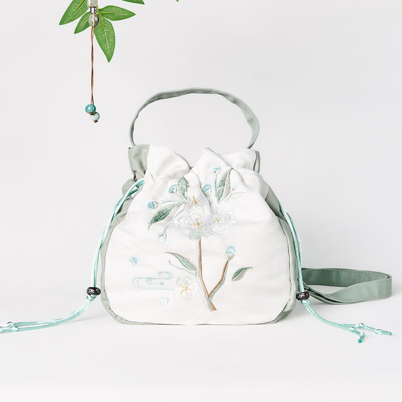 Borsa a tracolla in tela con ricamo Buddha Stones, motivo: fiore di pero verde