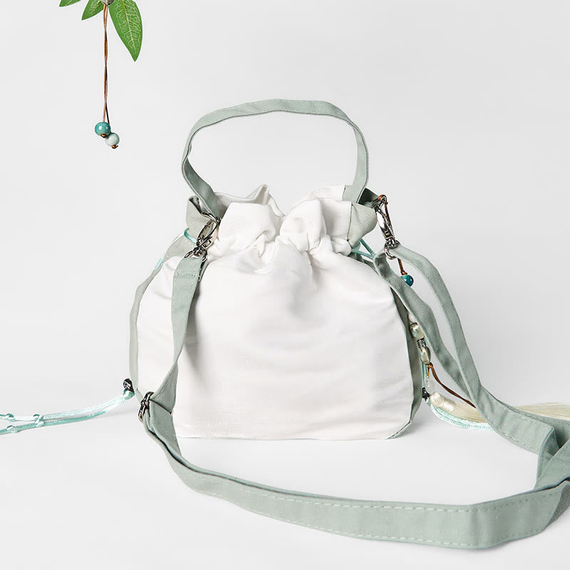 Borsa a tracolla in tela con ricamo Buddha Stones, motivo: fiore di pero verde