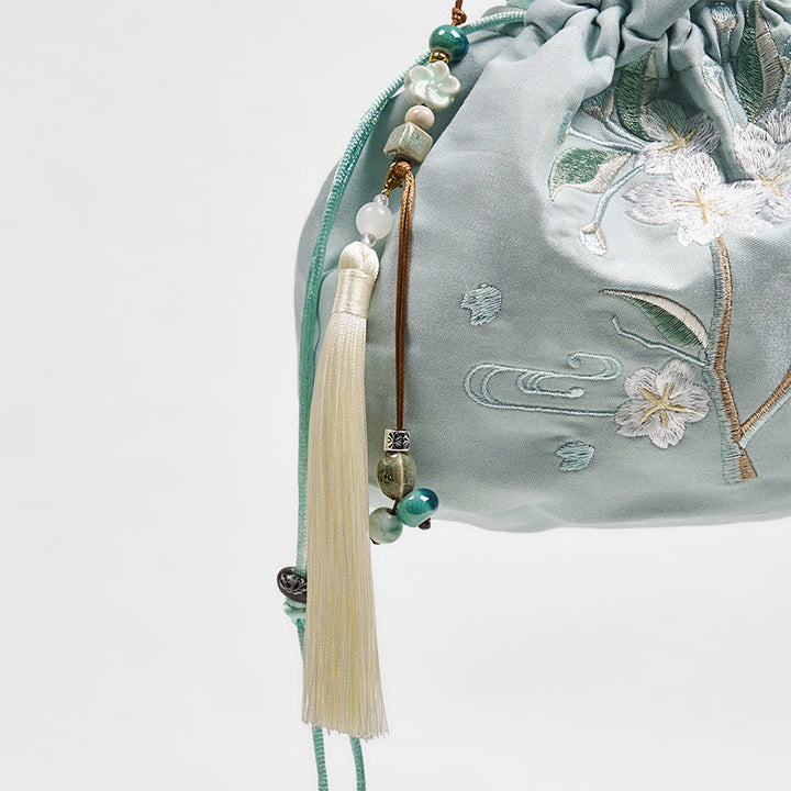 Borsa a tracolla in tela con Buddha Stones ricamate, fiori verdi, foglie e fiori