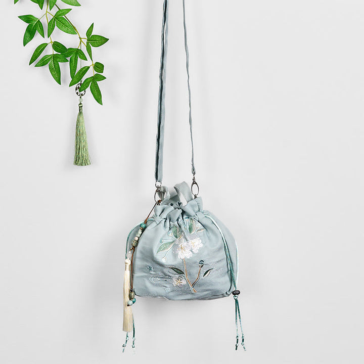 Borsa a tracolla in tela con Buddha Stones ricamate, fiori verdi, foglie e fiori