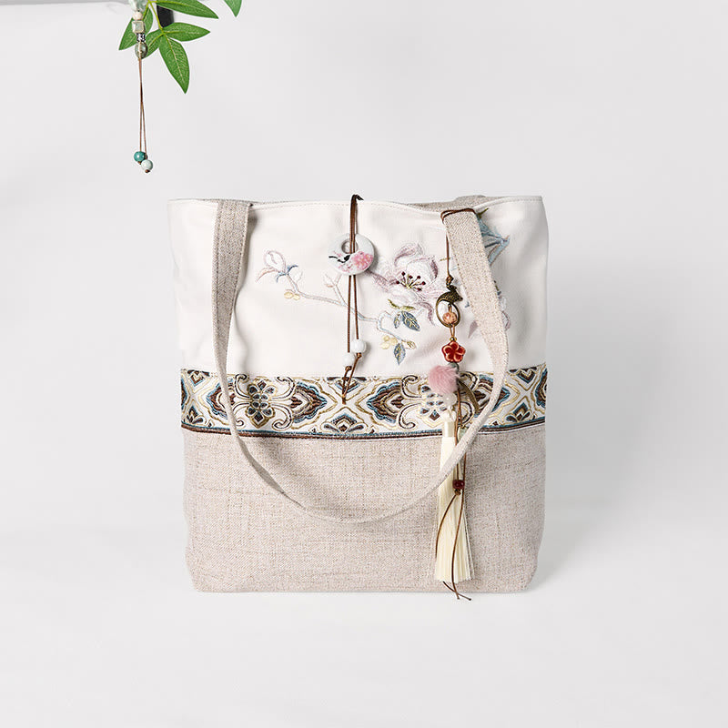 Borsa a tracolla in tela di poliestere con ricamo Buddha Stones Magnolia