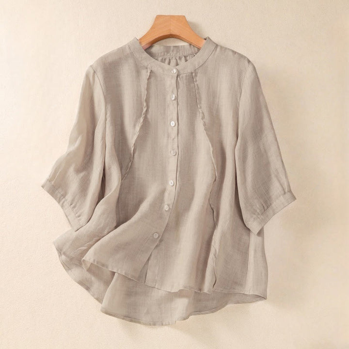 Camicia da donna a maniche a tre quarti in cotone e lino con bottoni, design a volant e stampa Buddha Stones, casual e semplice. - Tan - US8-10, UK/AU12-14, EU40-42 (2XL) - image 7