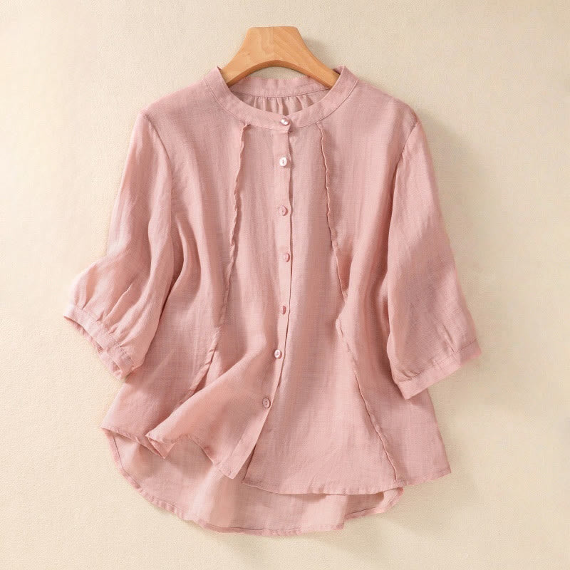 Camicia da donna a maniche a tre quarti in cotone e lino con bottoni, design a volant e stampa Buddha Stones, casual e semplice. - Rosa chiaro - US8-10, UK/AU12-14, EU40-42 (2XL) - image 23