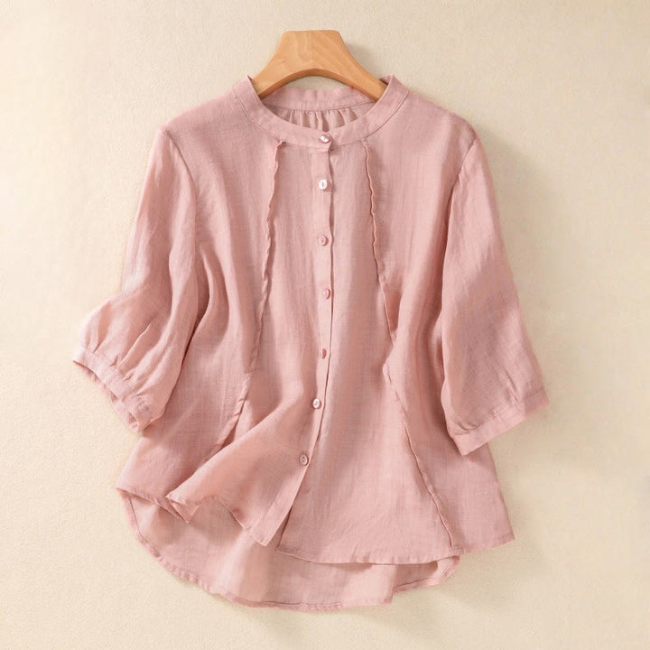 Camicia da donna a maniche a tre quarti in cotone e lino con bottoni, design a volant e stampa Buddha Stones, casual e semplice. - Rosa chiaro - US8-10, UK/AU12-14, EU40-42 (2XL) - image 23