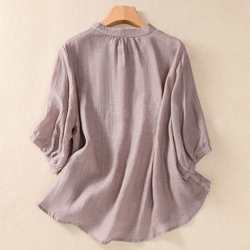 Camicia da donna a maniche a tre quarti in cotone e lino con bottoni, design a volant e stampa Buddha Stones, casual e semplice. - image 1