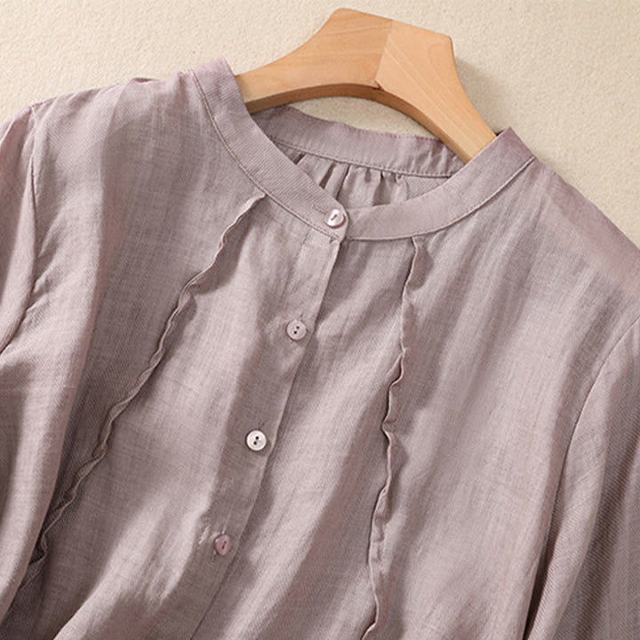 Camicia da donna a maniche a tre quarti in cotone e lino con bottoni, design a volant e stampa Buddha Stones, casual e semplice. - image 2