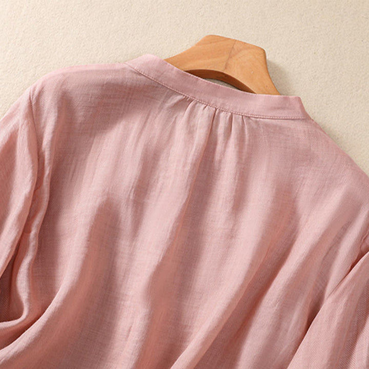 Camicia da donna a maniche a tre quarti in cotone e lino con bottoni, design a volant e stampa Buddha Stones, casual e semplice. - image 26