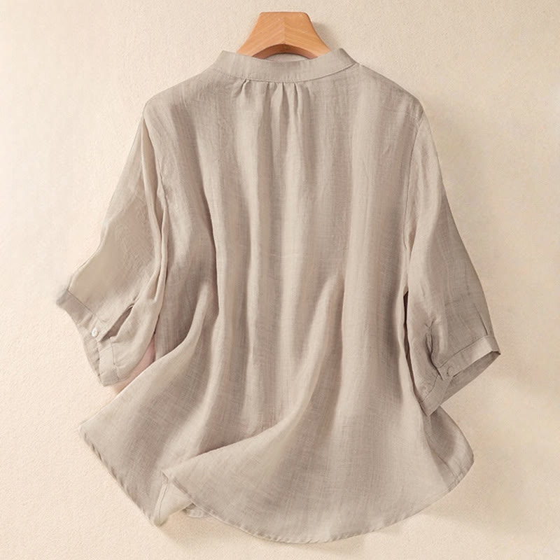 Camicia da donna a maniche a tre quarti in cotone e lino con bottoni, design a volant e stampa Buddha Stones, casual e semplice. - image 8