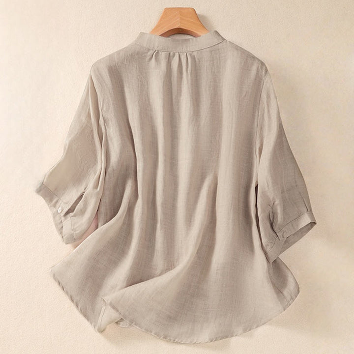 Camicia da donna a maniche a tre quarti in cotone e lino con bottoni, design a volant e stampa Buddha Stones, casual e semplice. - image 8