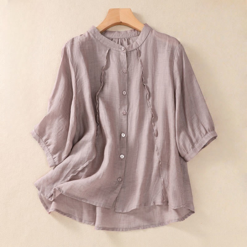Camicia da donna a maniche a tre quarti in cotone e lino con bottoni, design a volant e stampa Buddha Stones, casual e semplice. - Cardo - US8-10, UK/AU12-14, EU40-42 (2XL) - image 0