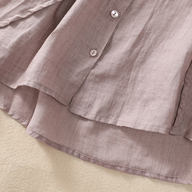 Camicia da donna a maniche a tre quarti in cotone e lino con bottoni, design a volant e stampa Buddha Stones, casual e semplice. - image 6