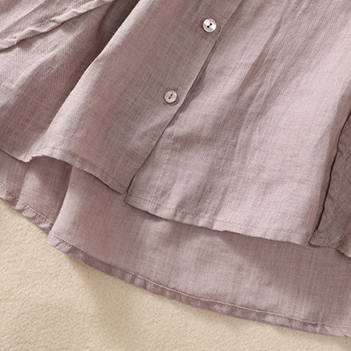 Camicia da donna a maniche a tre quarti in cotone e lino con bottoni, design a volant e stampa Buddha Stones, casual e semplice. - image 6