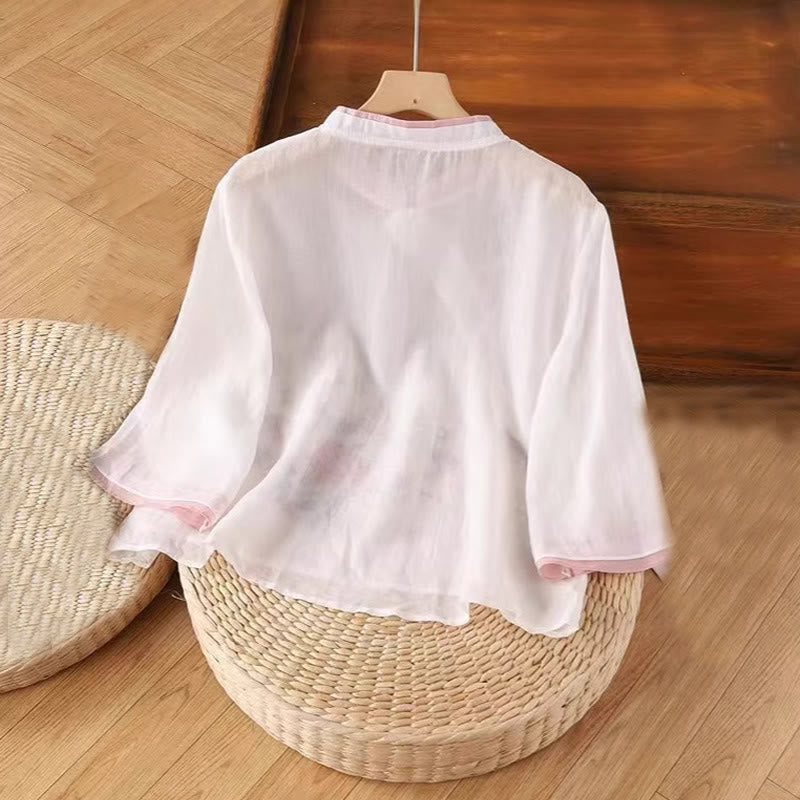 Camicia da donna in cotone e lino a maniche a tre quarti con ricamo vintage Zen a tema floreale e vegetale, ispirata Buddha Stones al design con bottoni a forma di rana cinese. - image 2