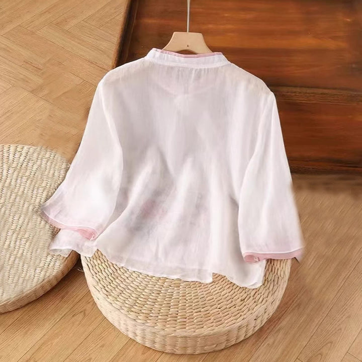 Camicia da donna in cotone e lino a maniche a tre quarti con ricamo vintage Zen a tema floreale e vegetale, ispirata Buddha Stones al design con bottoni a forma di rana cinese. - image 2