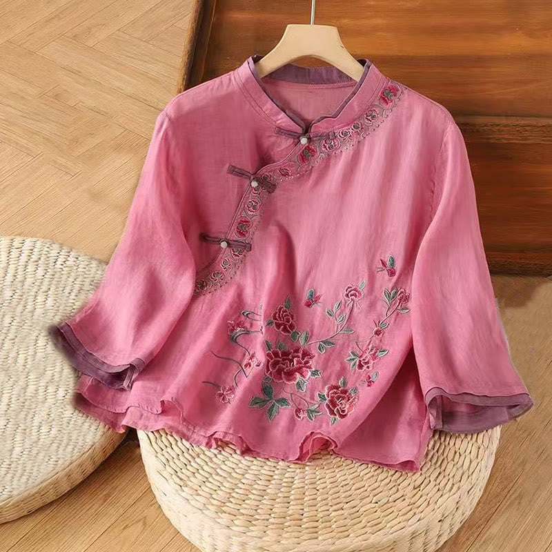 Camicia da donna in cotone e lino a maniche a tre quarti con ricamo vintage Zen a tema floreale e vegetale, ispirata Buddha Stones al design con bottoni a forma di rana cinese. - Rosso viola medio - US12, UK/AU16, EU44 (4XL) - image 4